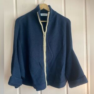 Mar Sea Women’s Navy Blue Zip-Up Poncho Sweater with faux suede trim OS